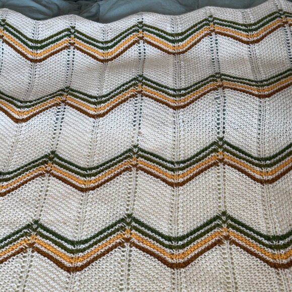 Handmade Blanket Chevron Pattern white green gold 59”x56”